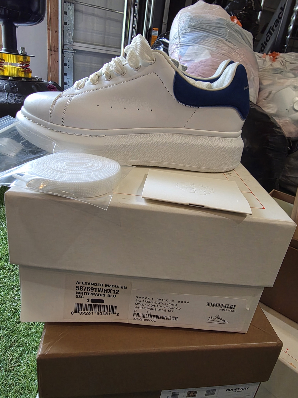 Alexander McQueen White Leather Kids Sneakers with Navy Back Tab